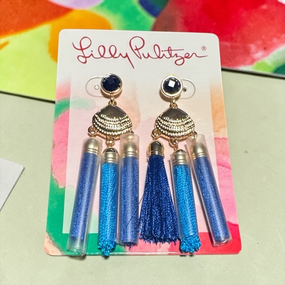 Lilly Pulitzer Jewelry - Lilly Pulitzer Gold and Blue Tassel Tube Drop Earrings (BR444)